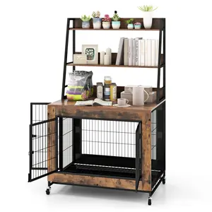 COSTWAY - Industrial Dog Kennel Dog Crate Furniture with Storage Shelves-Rustic Brown