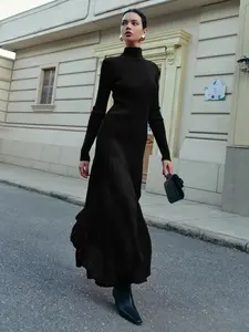 Women's Fall Winter Elegant Knit Dress, French High-End Contrast Mesh Patchwork Long Dress, Fitted Bottom for Parties Office Outdoor