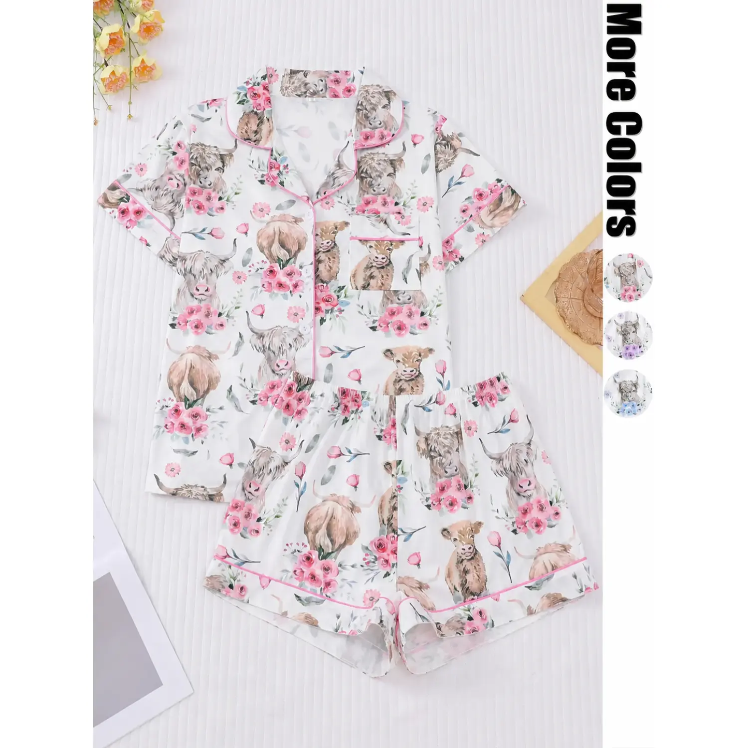 Women's Cow-Print Collared Pajama Set with Contrast Trim - Comfy Short Sleeve Shirt & Elastic Waist Shorts