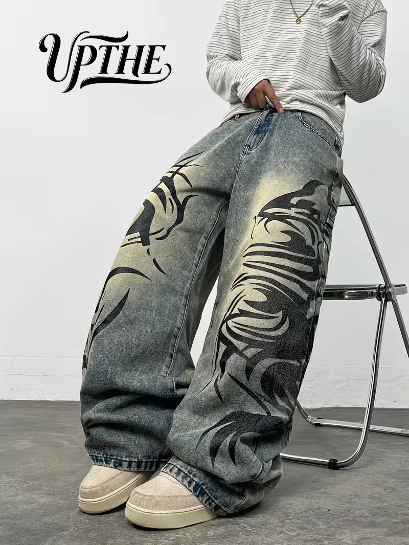 UP.THE Abstract Tribal Tiger Full Print Oversized Wide Leg Baggy Jeans Men Vintage Faded Acid Wash Stacked Denim Pants Y2K Hip Hop Skater Streetwear Daily Casual Outfit