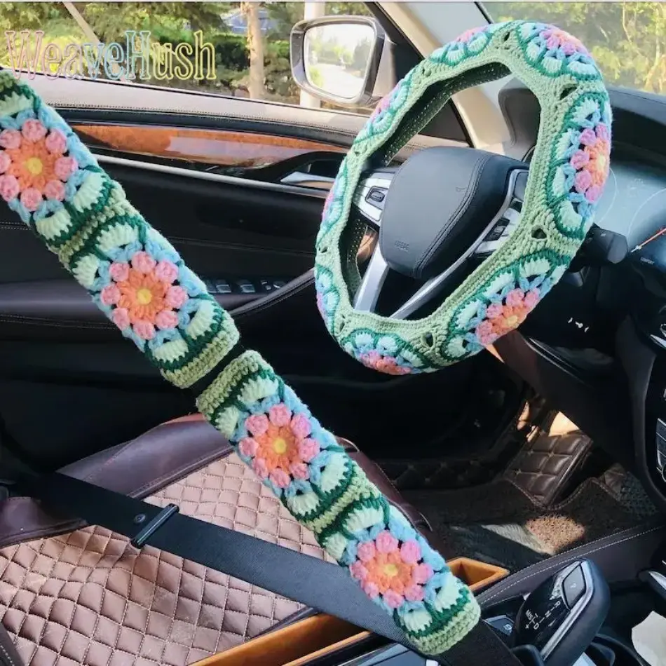 Women's Boho Crochet Steering Wheel & Seat Belt Cover Set - Universal Girly Car Accessories, Auto Parts Accessories, Soft Handmade Breathable Car Interior Decor Kit for Daily Driving Summervibes, Accessories For Car, Steering Wheel Cover