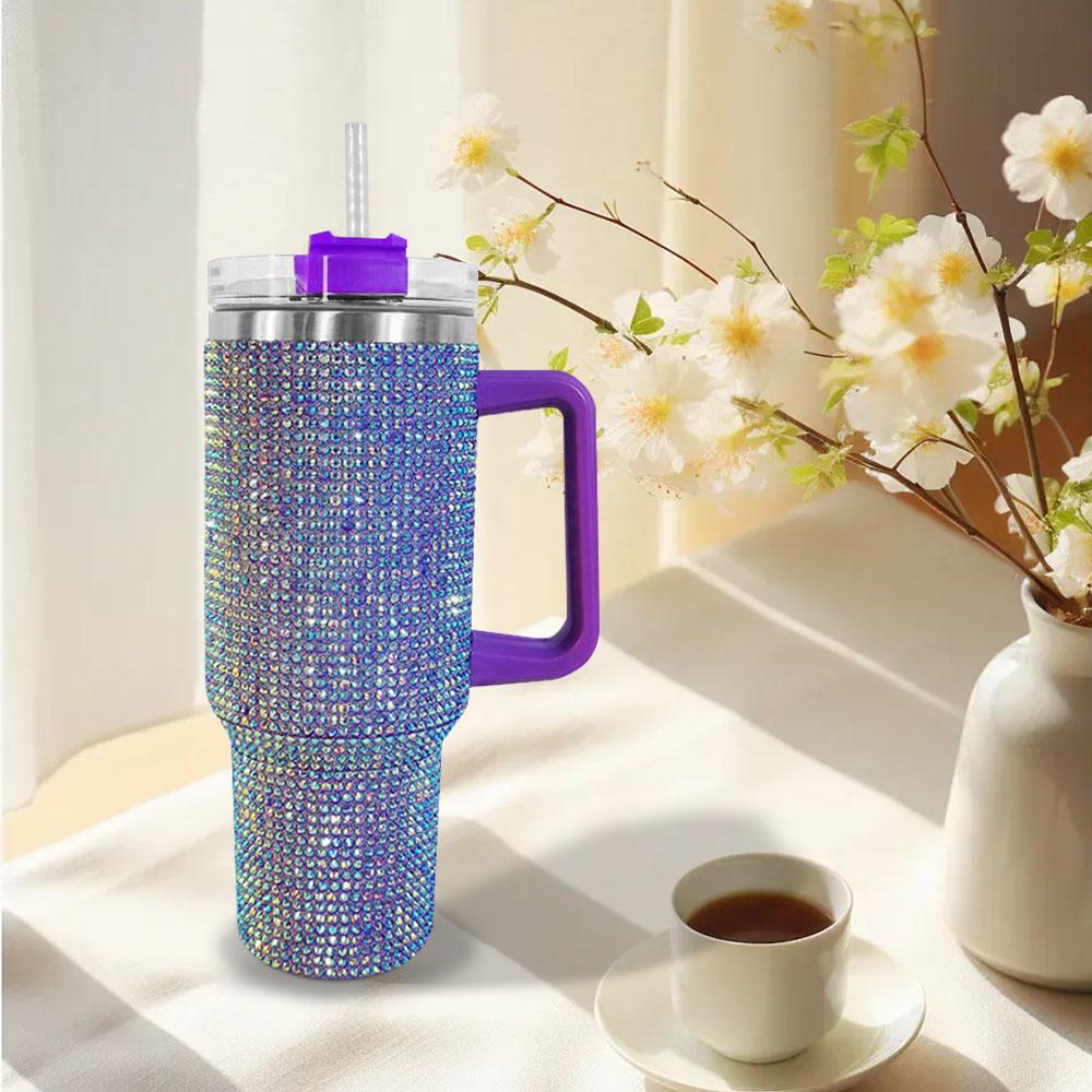 40oz Bling Rhinestones Tumbler with Handle - Sparkly Stainless Steel Water Bottle for IceCoffee, Must-Have CarAccessories & GymEssentials, Diamond Studded Cup for Women, Cute Birthday Gifts
