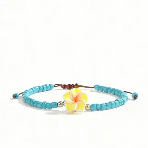 Handmade Plumeria Beaded Anklet for Women, Adjustable Waterproof Boho Hawaiian Summer Beach Foot Jewelry Gift