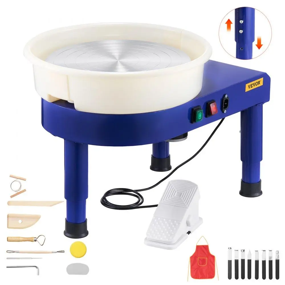 【Summerfinds】VEVOR Pottery Wheel,  14 in Ceramic Wheel Forming Machine, 60-300 RPM Speed Adjustable Foot Pedal, Adjustable Lift Leg, Detachable Basin, Complete Tool Accessory Kit for Work Art Craft DIY, Blue