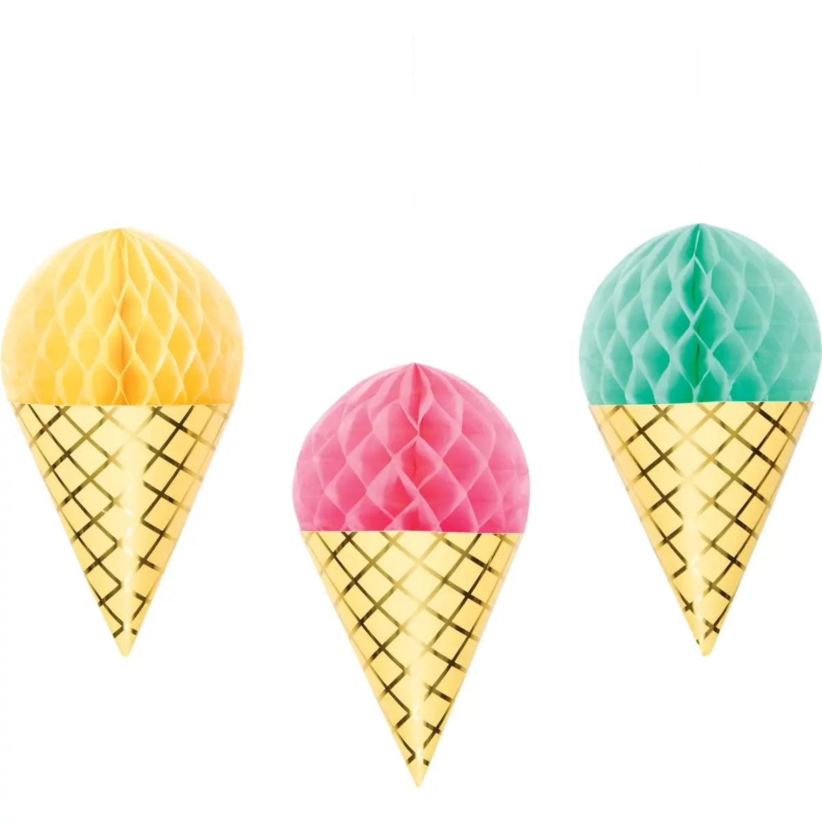 Creative Converting 346417 13 x 6.5 in. Foil Ice Cream Party Hanging Honeycomb Ice Cream Decorations - 18 Count