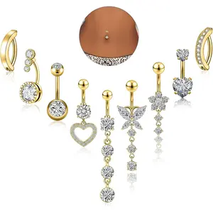 9PCS Belly Button Ring Dangle Stainless Steel Belly Rings 14G 1.6MM Belly Piercing Cute Navel Ring Piercing Jewelry Belly Ring for Women