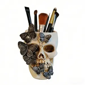 Butterfly Skull Resin Pen Holder - Creative Desk Organizer & Home Decor Ornament, Perfect Halloween & Valentine's Day Gift, Desk Accessory for Study Library Office
