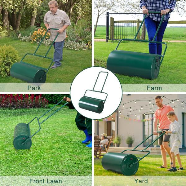 24" Steel Lawn Roller, 13 Gallon Water/Sand Fillable Yard Roller with U-Shaped Handle & Easy Drain Plug, Push & Pull Sod Roller for Grass Flattening Seed Packing, Green