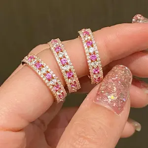 Pink Full Zircon Band Ring for Women, Korean Style Dainty Stackable Rings, Sparkling Fashion Jewelry, TikTok Trending Couple Gift, Ins Aesthetic Style