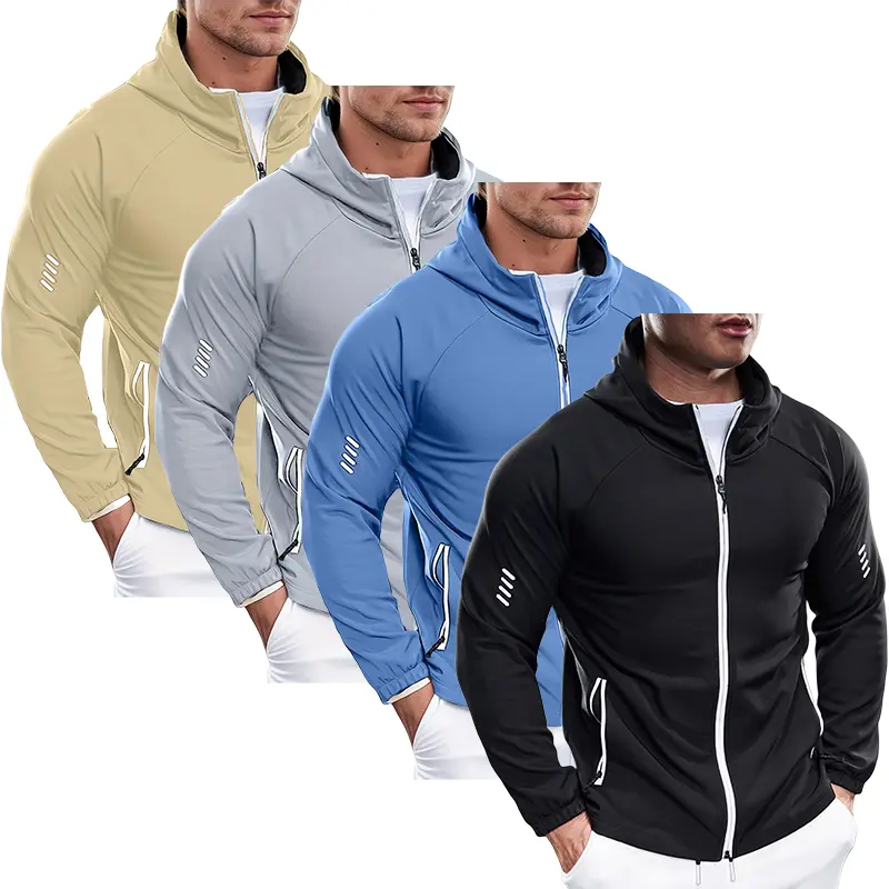 Men's Solid Plain Casual Athletic Hood Jacket - 1 Piece, Comfortable Fabric, Personalized Reflective Zipper, Outdoor Sports Outerwear