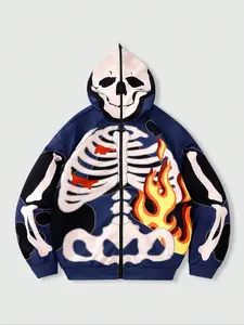 Cool Skull Flame Print Knit Hoodie Jacket, Street Style Loose Cardigan Outerwear, Trendy Fashion Sweatshirt for Youth, Streetwear