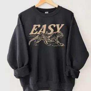 Vintage Easy Tiger Sweatshirt, Vintage Animal Graphic Tiger Tee, Unisex Boho Aesthetic Sweater, Soft Retro Style Top  Pullover-  Cotton Black Matching Q