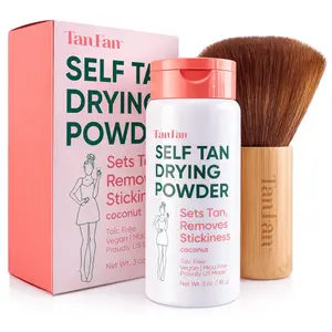 Tan Fan Self Tan Drying Powder Kit To Remove Stickiness from Self Tanner With Huge Soft Eco-Bamboo Body Brush - Lightweight to Absorb Moisture for Smooth Silky No Streaks Skin - Natural Blend, Vegan, Talc-Free, Cruelty-Free - 3oz USA Made Coconut Scent