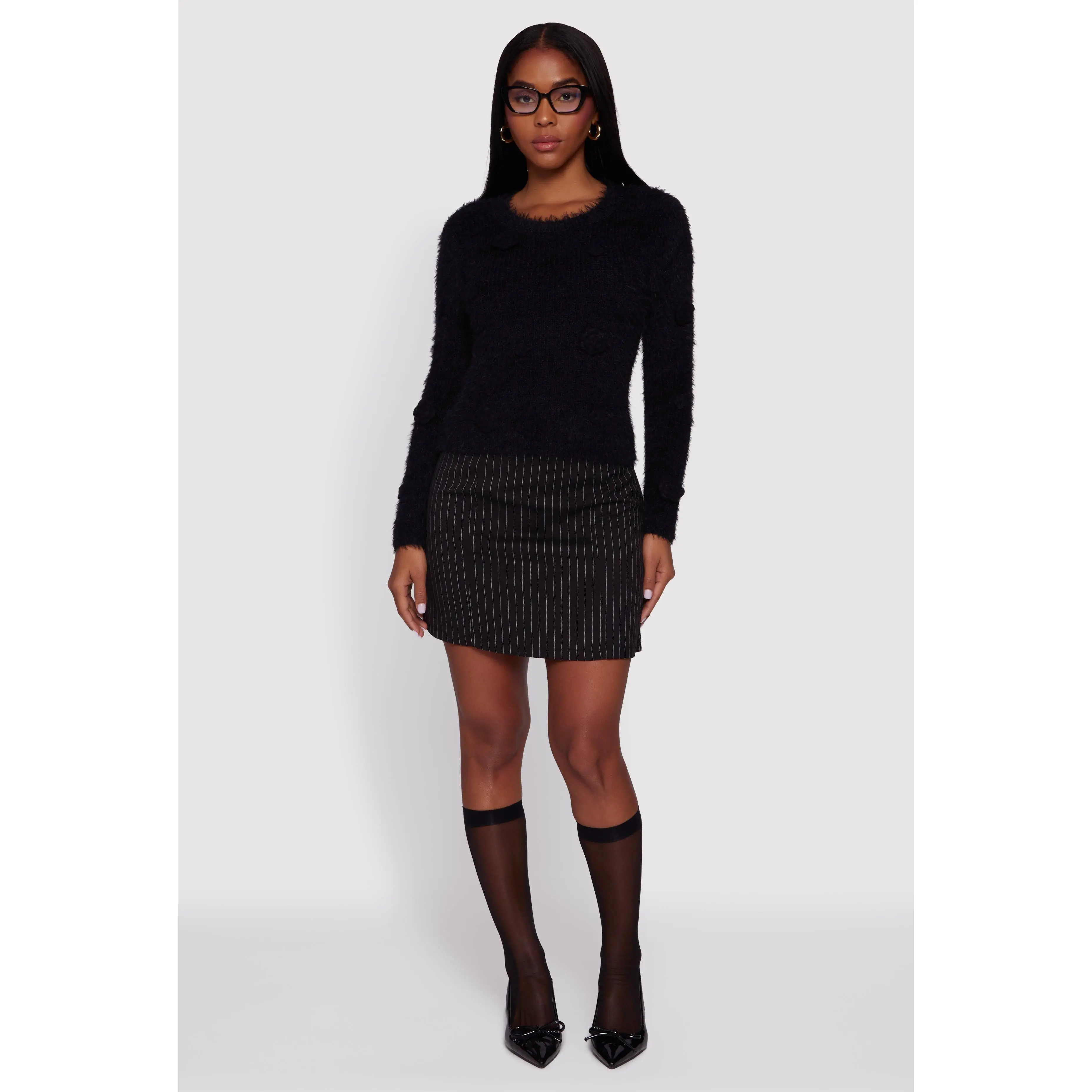 Rose Applique Long Sleeve Eyelash Knit Sweater