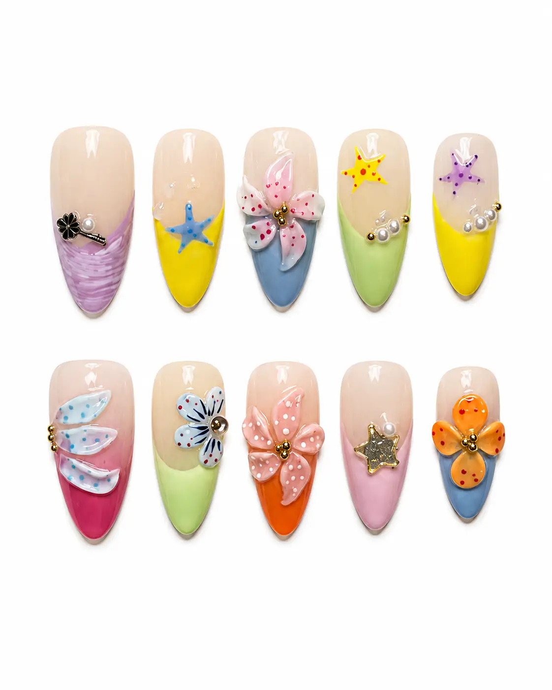 Tropical Press On Nails | 3D Flowers, Starfish, Seashell Summer Vacation Nails