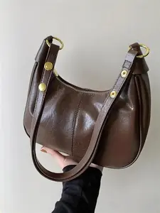 Vintage fashion light luxury atmosphere exquisite crescent bag, pure color casual texture elegant shoulder bag, can accommodate mobile phones, lipstick, suitable for daily commuting, shopping in the mall, and gatherings, Hobo Shoulder Bag