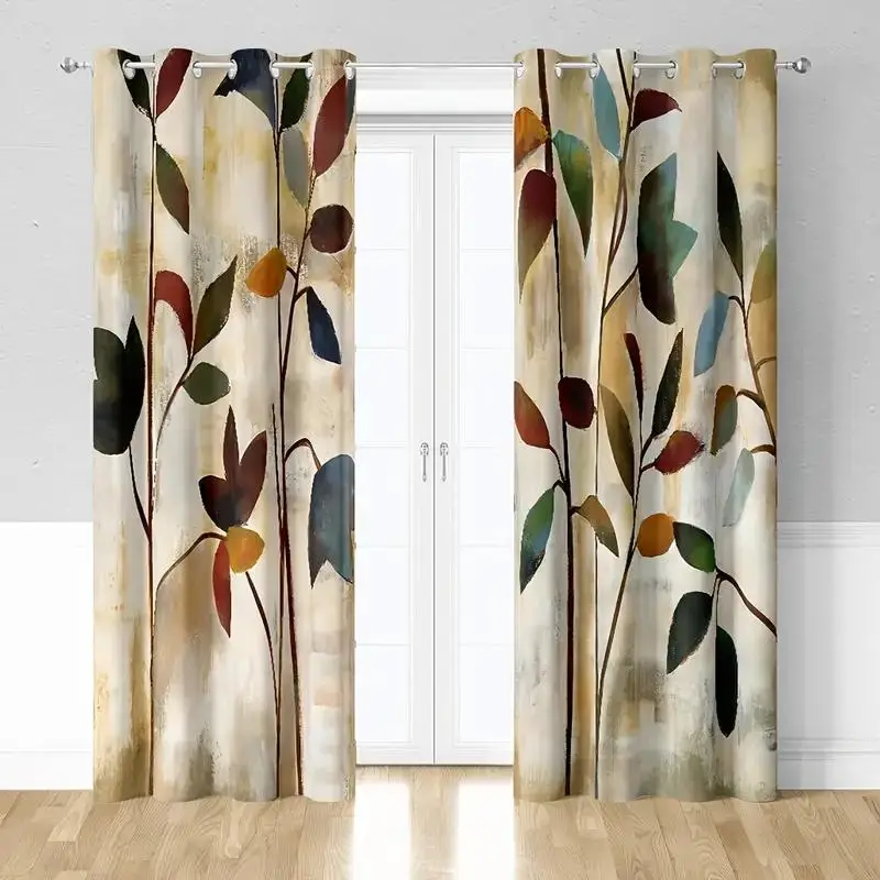 Oil Painting Plant Leaves Pattern Curtain, 2 Counts Modern Perforated Blackout Decorative Window Drapes, Household Textiles for Home Living Room and B