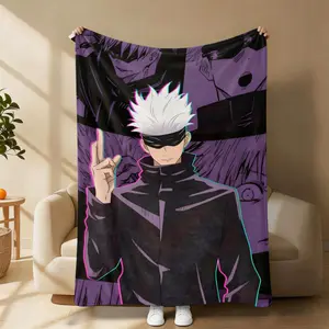 Satoru Gojo Anime Plush Blanket – Neon Purple Blindfold Graphic Throw, Soft Warm Cozy Flannel Blanket for Bed, Sofa & Travel, Shonen Anime Street Style Decor, Perfect Gift for Anime Fans & Collectors