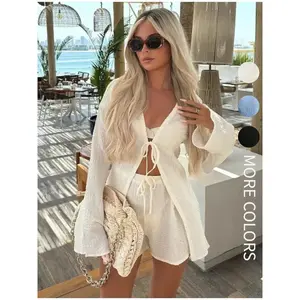Women's solid color tie front long sleeved top and shorts set, casual, fashionable and comfortable women's two-piece set, suitable for daily vacation wear, summer women's clothingRAIMENTRY