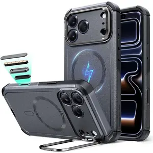 For iPhone 17 Pro Case with Stash Stand, 7X Military-Grade Drop Protection with Camera Control, Shock-Absorbing Phone Rugged Cover, Compatible with MagSafe Accessories, Cyber Series, Grey