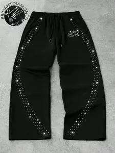 Unisex High Waist Casual Loose Fit Wide Leg Pants with Rhinestone Design, Sparkly Stylish Aesthetic All Season Long Trousers, Versatile and Comfortable