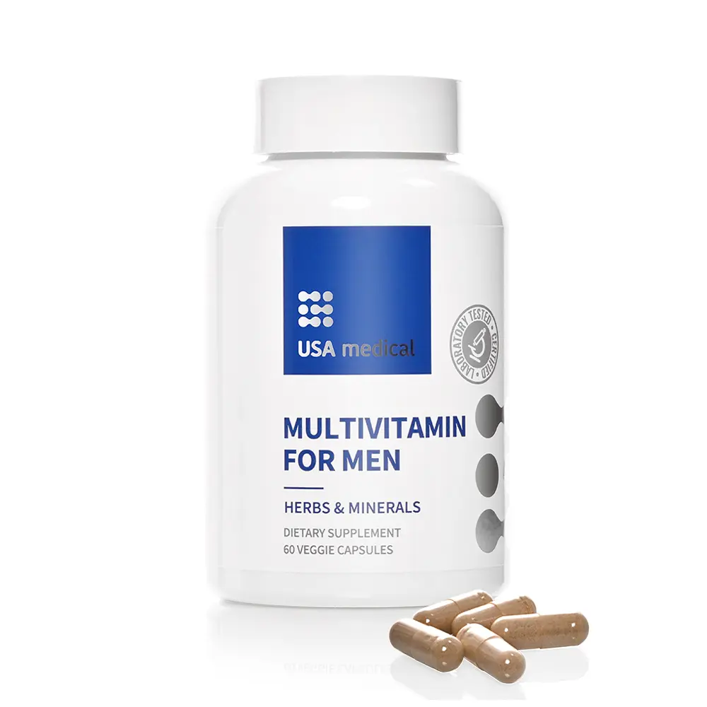 USA Medical Men’s Multivitamin Capsules - Complete Vitamin & Mineral Supplement for Daily Men’s Health with Saw Palmetto, Lycopene, and Zinc - Supports Prostate Health, Muscle Strength, Joint Care, and Over-All Wellbeing for Men | 60 Capsules