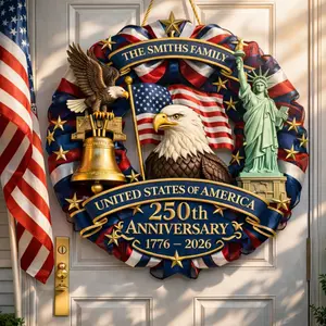Personalized 250th Anniversary 4th of July Door Sign with Family Name, Custom Door Wreaths for 250 USA Anniversary, Customized Patriotic Decorations, 250 Year America Outdoor Decorations A01