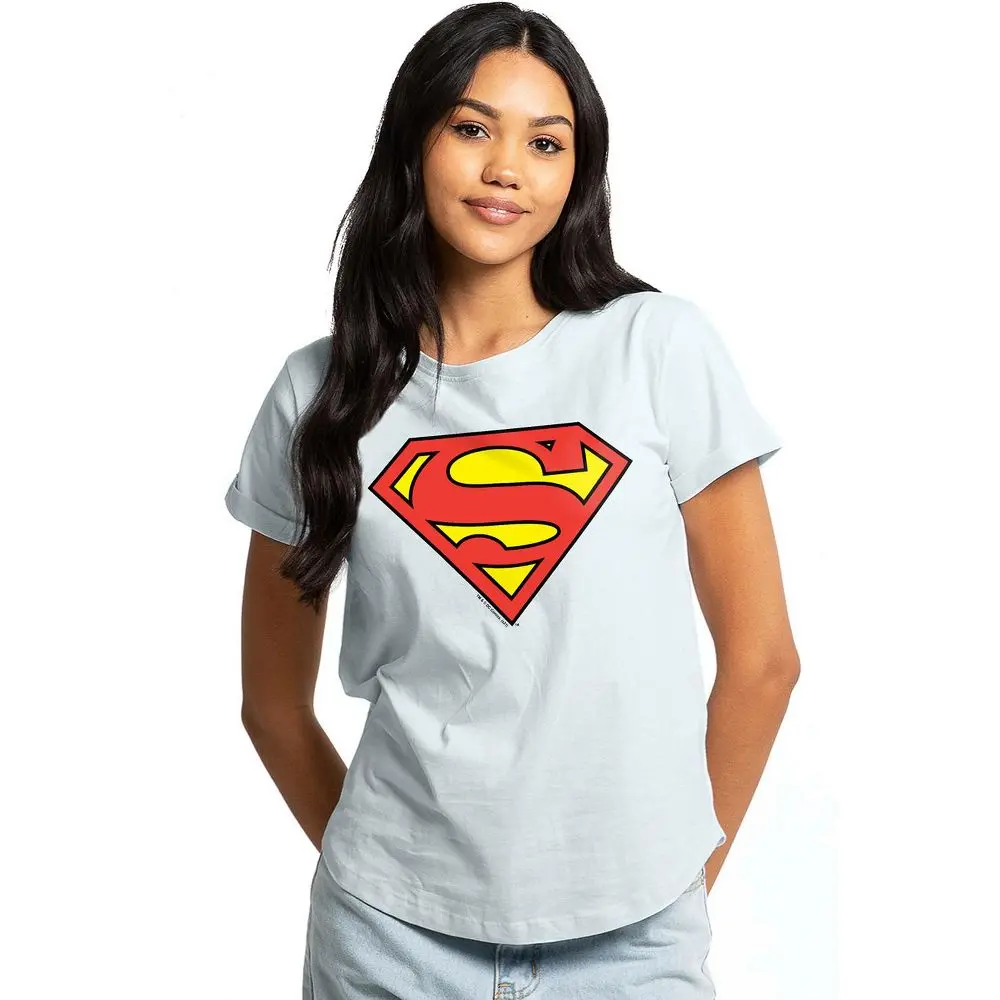 Women's Superman Classic Logo Rolled Sleeve Fashion T-Shirt Sky Blue X Large
