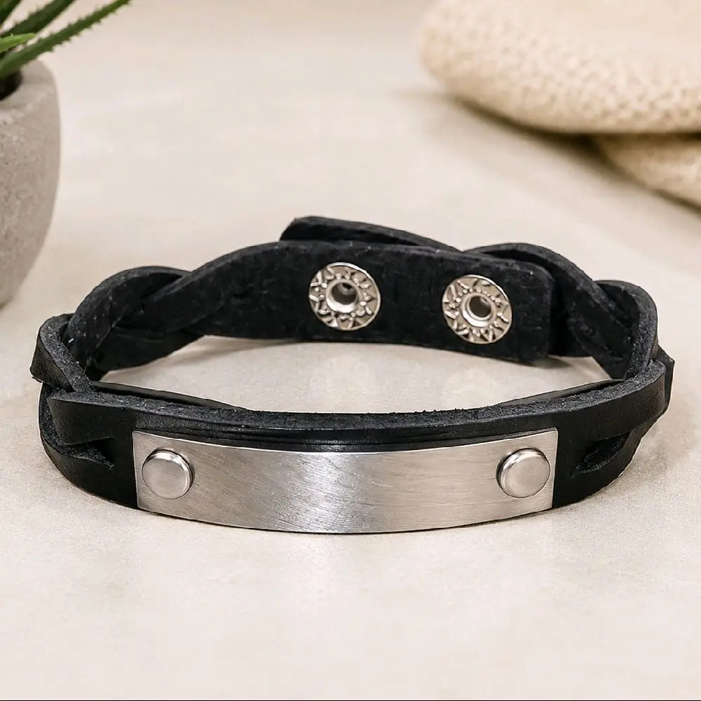 Black Braided Faux Leather ID Plate Bracelet (Unisex)