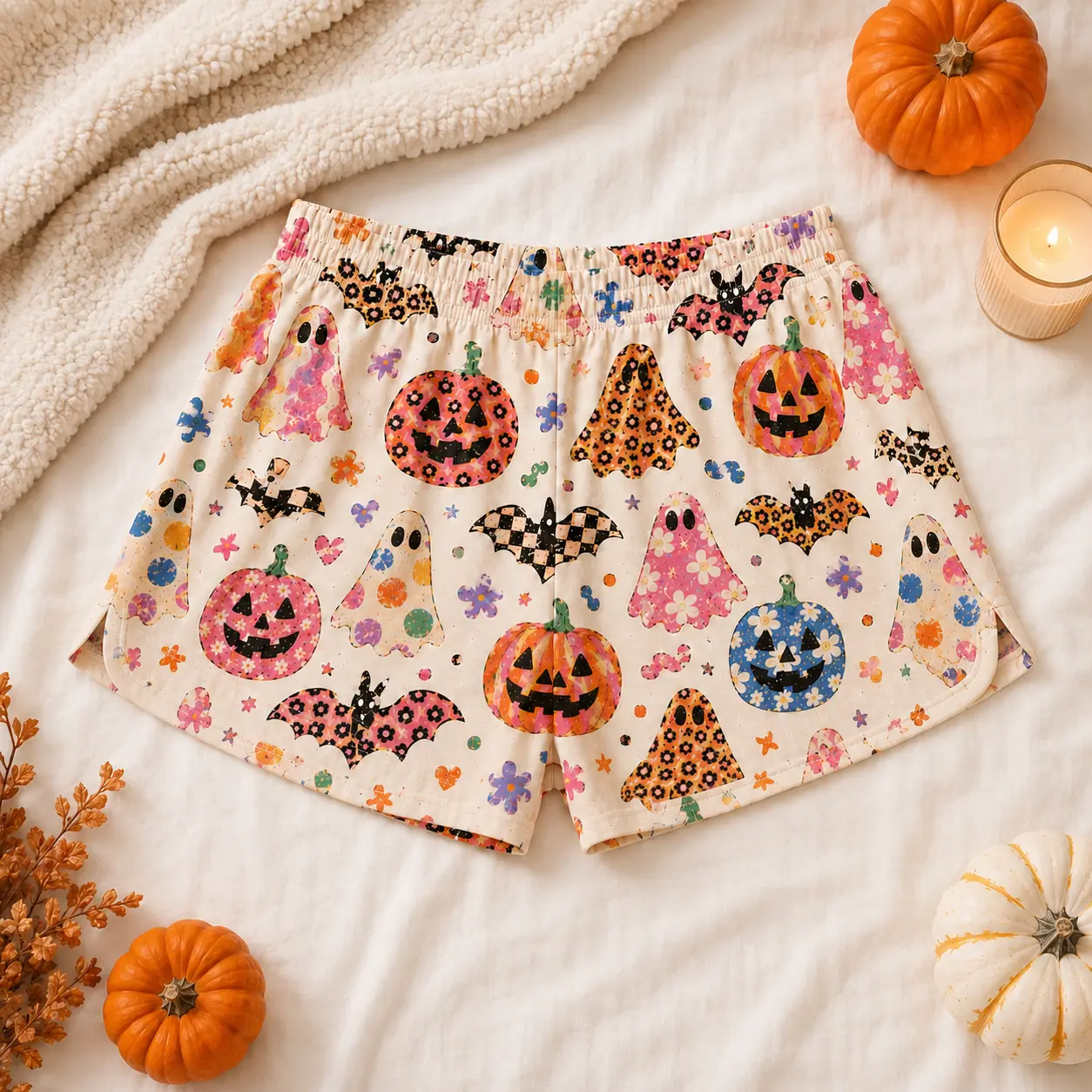 Women's Cute Halloween Pumpkin Leopard Inspired Shorts, Spooky Pumpkin Lounge Shorts, Summerween Bat Pumpkin Pattern shorts