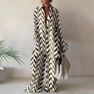 Fashionable Printed Loose Long Sleeved Shirt+Straight Leg Pants for Women