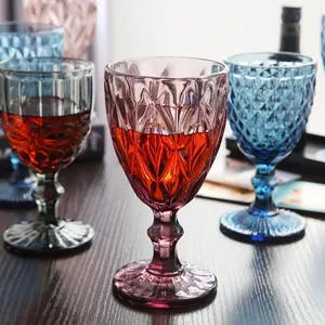 Retro Embossed Colored Wine Glasses, Stemmed Goblets with Diamond Pattern, Perfect for Red Wine, Parties & Home Bar