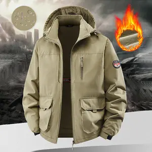 Men's Khaki Warm Fleece Lined Hooded Jacket - Heavyweight Workwear Pockets, Waterproof Shell, Badge Detailing, Casual Outdoor Coat for Cold Weather & Everyday Wear
