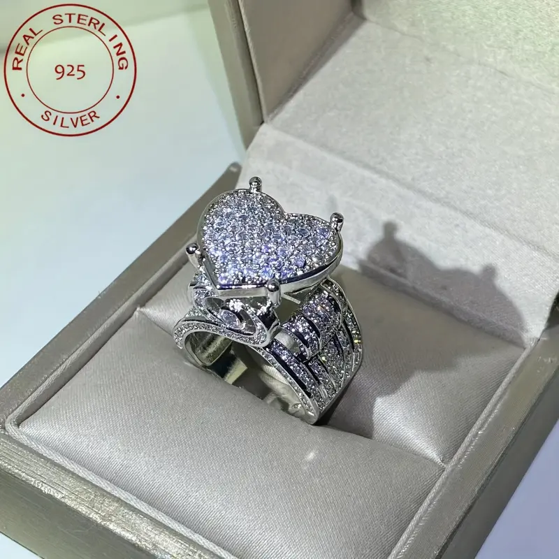 [925 Sterling Silver Heart Ring] Elegant Heart-shaped Zirconia Embellished 925 Sterling Silver Wedding Ring For Ladies