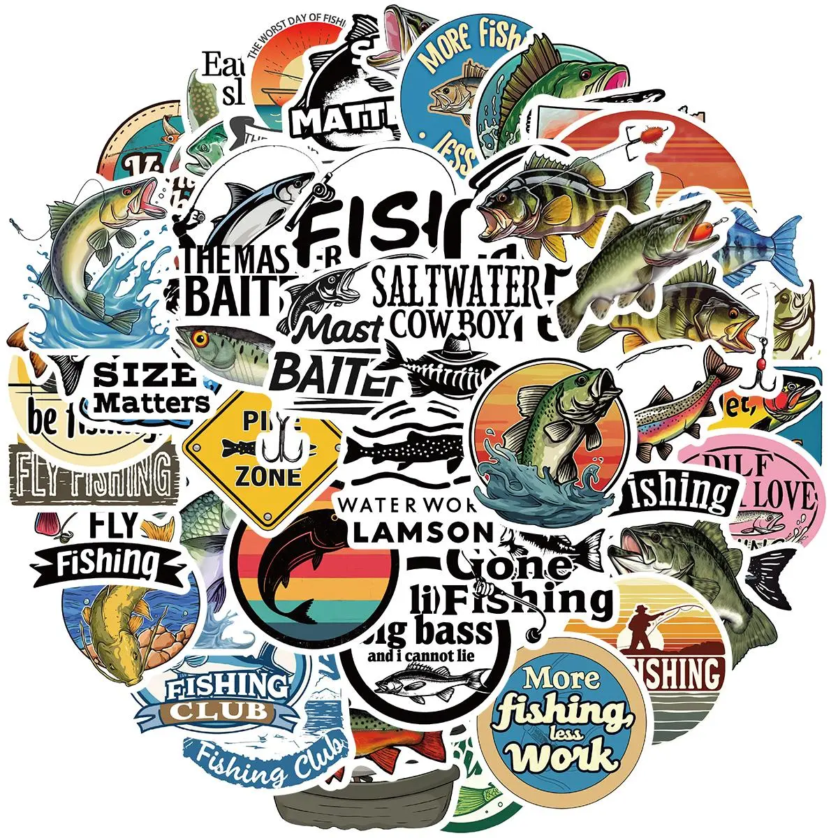 Fishing Sticker, 50pcs/set Waterproof Vinyl Bumper Decals for Laptops, Water Bottle, Skateboards, Fishing Boxes, Great Gift for Fishing Enthusiasts, Decorative