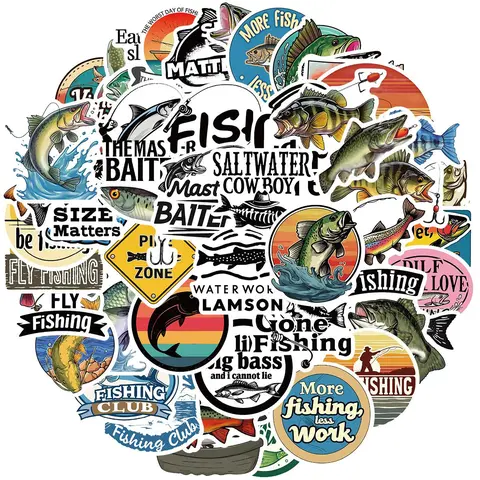 Fishing Sticker Packs, 50pcs/set Waterproof Vinyl Bumper Decals for Laptops, Water Bottle, Skateboards, Fishing Boxes, Great Gift for Fishing Enthusiasts