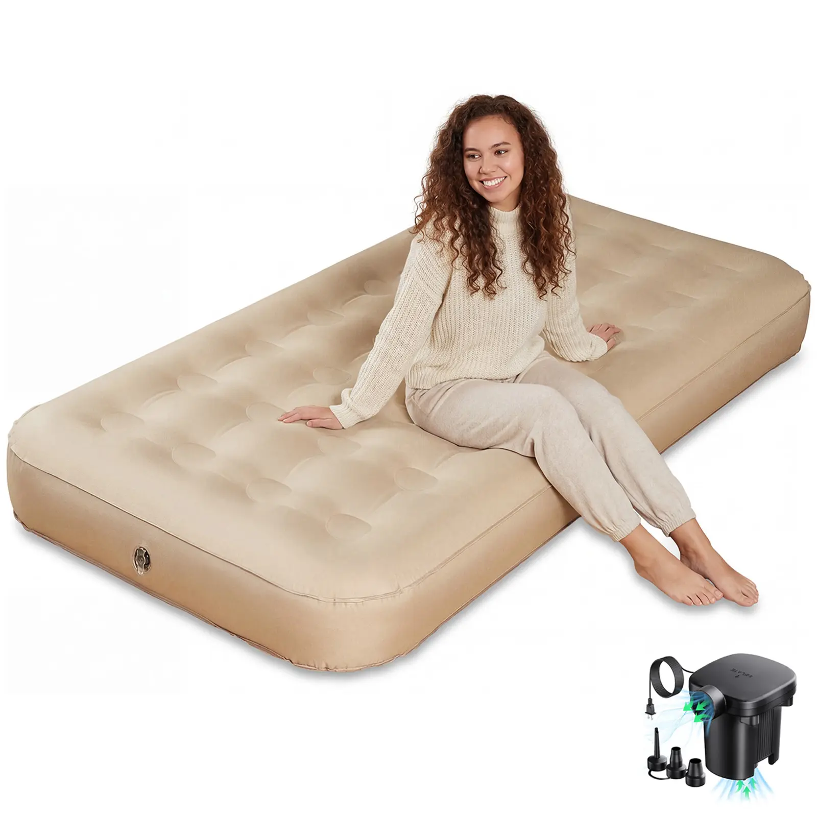 Twin Size Portable Airbed with Quick Inflate Pump - Blow Up Bed, Leak-Free Seal, Odorless 8in Height, 650 lbs Capacity for Travel & Home Guests