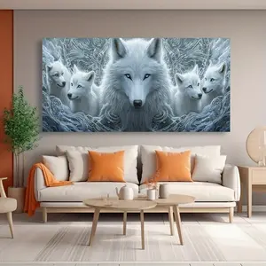 Arctic Wolf Family Canvas Wall Art - Modern abstract painting, detailed fur and feather design, suitable for living room, bedroom, office decoration, high quality wooden frame, indoor wall decoration, wolf theme art Poster Ornaments Photo Artistic