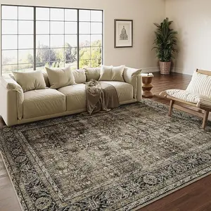PureCozy Vintage Area Rug Pet friendly Rugs Neutral Home Decor Brown Bedroom Rug Indoor Washable Living Room Carpet Tribal Distressed Rug Retro Accent Throw Rug for Office Dining Room Bathroom Faux Wool