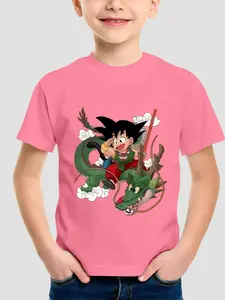 Boys Fashion 2D Embossed Breathable Anime T-Shirt, Dragon Ball Goku Riding Shenron Print, Summer Casual Short Sleeve Clothing