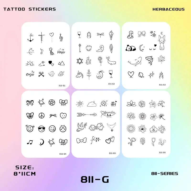 6 Sheets 96 Pieces Mini Temporary Tattoos, Semi-Permanent Tattoos, Adult Art Design Temporary Tattoos, Last 1-2 Weeks, Suitable for Men and Women Finger Hand, Cartoon, Black Long-Lasting Retro Tattoos for Neck