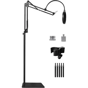 Mic Stand Floor Boom Arm for Blue Yeti, Nano, Snowball,  QuadCast, SM7B MV7, Fifine K688 and More Mic, Floor Microphone Stand with 3/8" to 5/8" 1/4" Screw, Pop Filter Mic Clip  Ties