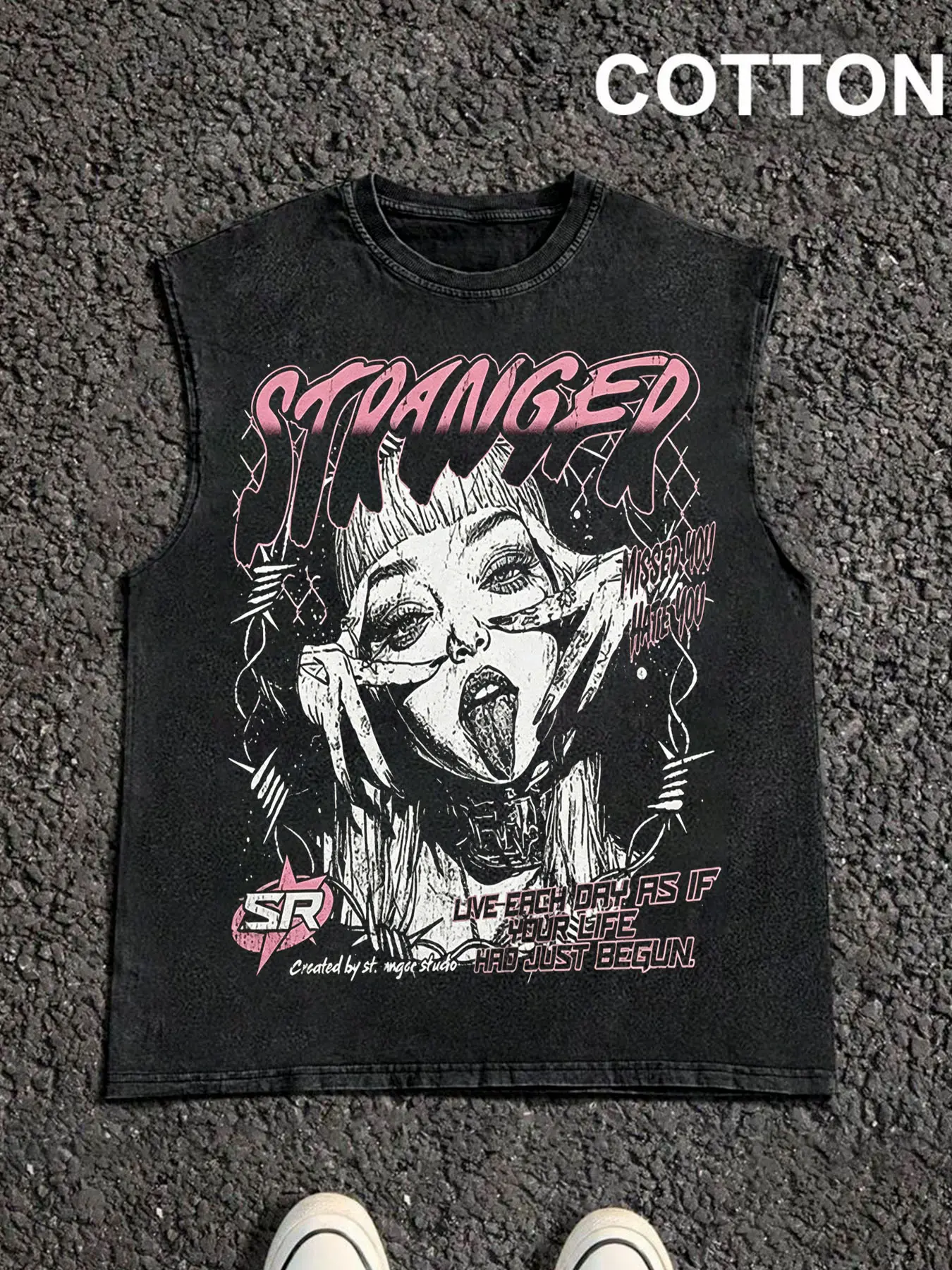 1 piece loose-fit pure cotton tank top with a washed/distressed look, punk manga tongue-out print, sexy anime girl graphic, unisex design suitable for all seasons, Y2K summer streetwear, Halloween party gift