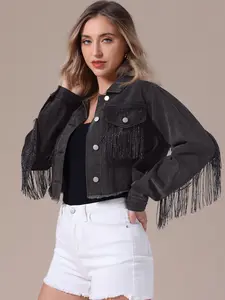 INSPIRE CHIC Women's Cropped Jean Jackets Long Sleeve Tassel Trim Frayed Hem Fringe Denim Jacket Black