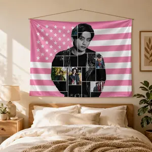 Kpop Idol Inspired Tapestry, Pink Collage Flag Wall Hanging, Aesthetic Bedroom Decor Gift for Music Lovers, Cute Fan Room Accent, Poster Art