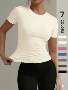 Women's Sporty Short Sleeve T-Shirt, Soft Seamless Yoga Top, Comfortable Gym Shirt, Fashion Fitness Apparel for Active Lifestyle, Seamless Design, Versatile Sportswear, Sports Tops