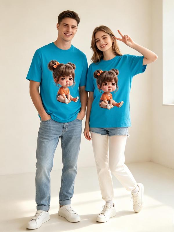 Women's Fitted Casual Cropped Graphic Tee Tops for Women - Cyan, Cute Sad Crying Girl Cartoon, Soft Lightweight Cotton, Short Cap Sleeves, Crew Neck, Heat Transfer, Basic, Easter, Thanksgiving Outdoors Clothes