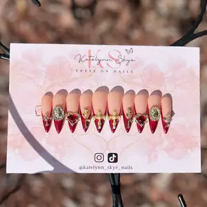 Burgundy French Tip with Gold Gems Gel Polish Press on Nails