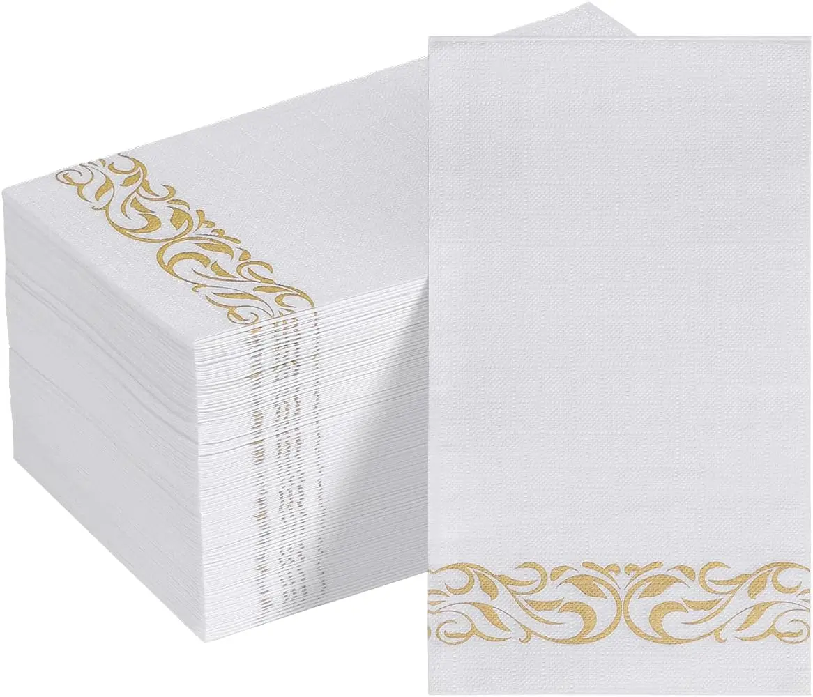 Goodluck 3-Ply Disposable Wood Paper Napkins - 100-Stack Pack, Soft, Absorbent, Decorative Flower & Stripe, Floral Gold Trim for Hand, Kitchen, Dinner Parties, Bathroom Guests