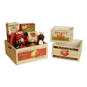 212 MAIN Vintage Fruit Wooden Square Crates - Set of 3, Retro Artwork Decor, Kitchen Storage Boxes, Herb Planter Organiser